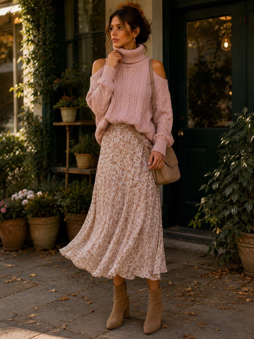 Paige Lorilee Cable Knit Cold Shoulder Turtleneck Sweater Wild Rose M